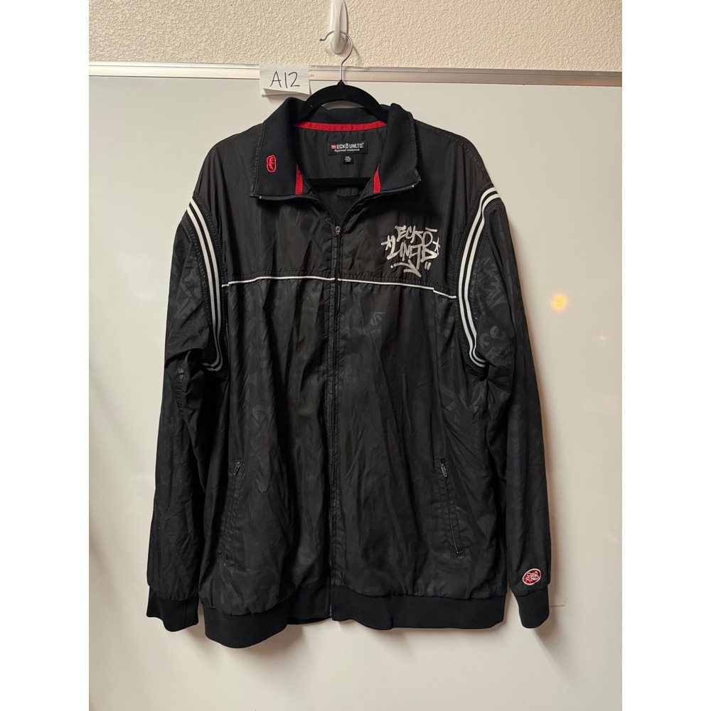 Vintage Ecko Unltd Mens Black Graffiti Track Jacket Full Zip Windbreaker XXL Y2k